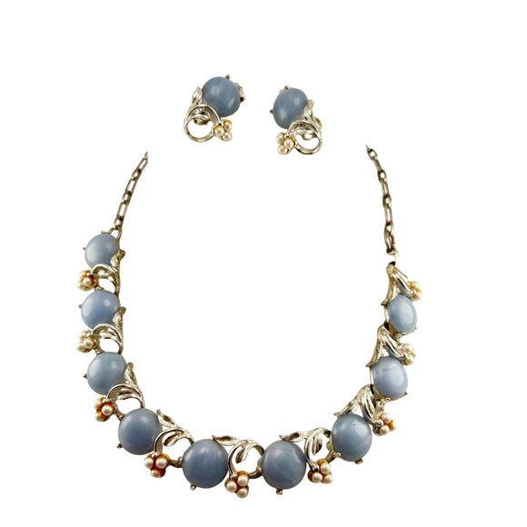 Vintage Blue Moonglow Bead & Faux Pearl Necklace Earrings Set Silver Tone Floral - Picture 4 of 10